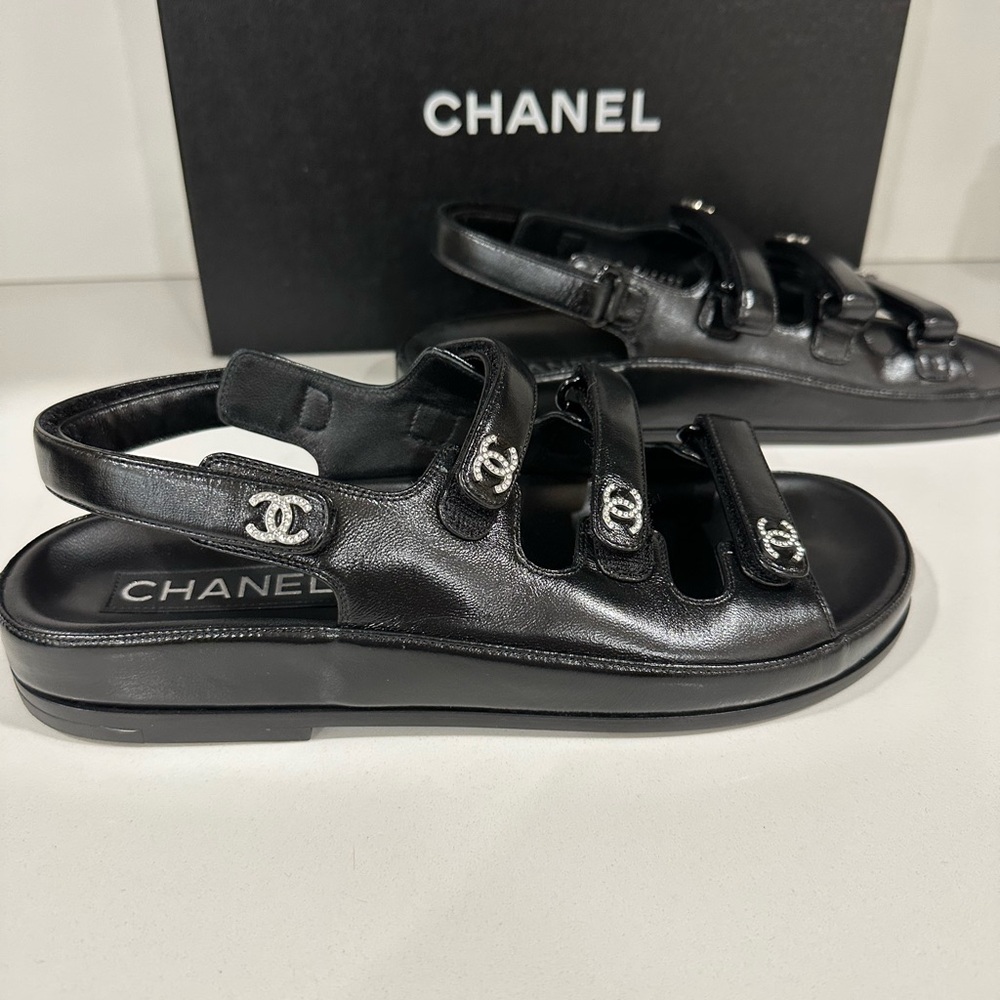 NEW Chanel Black Leather Slingback Dad Sandals with Silver Crystal Accents 37.5 - Picture 5 of 10